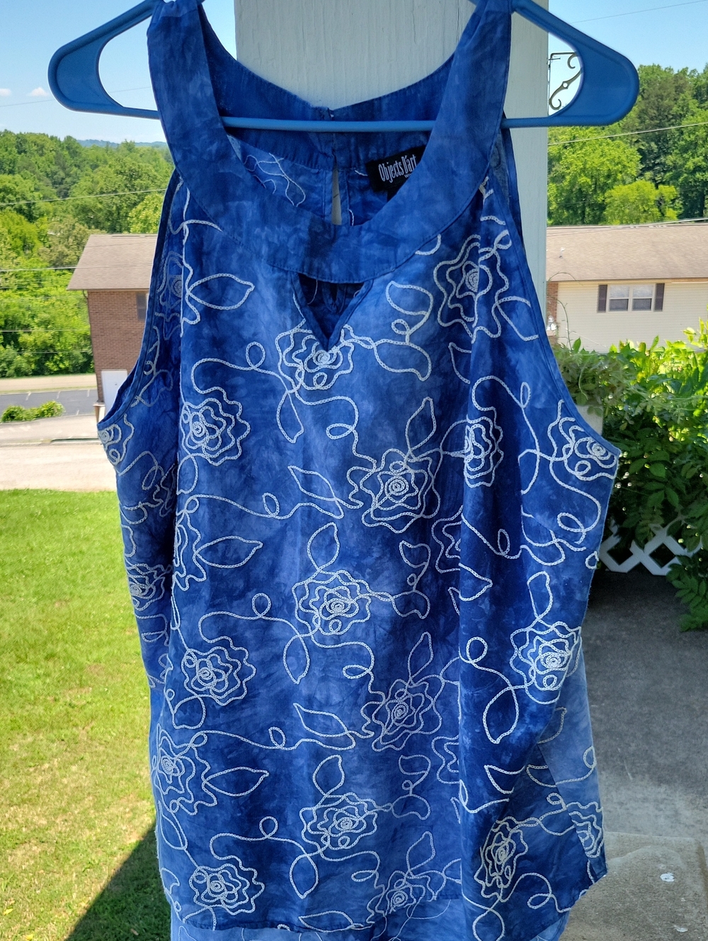 Cotton Blue Floral Embroidered Tank Top